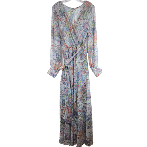 Spy Zone Exchange Maxi Dress Sheer Top Lined Skirt Long Sleeve Paisley Large - Picture 1 of 14